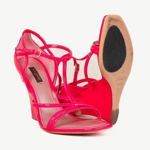 Louis Vuitton Strawberry Rose Pop Patent T-Strap Wedge Sandals - Picture 4 of 12